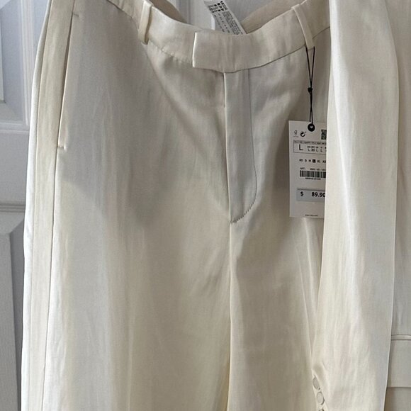 ZARA Wide Leg Tuxedo Stripe Satin Ivory Trouser Size Large - Picture 2 of 4